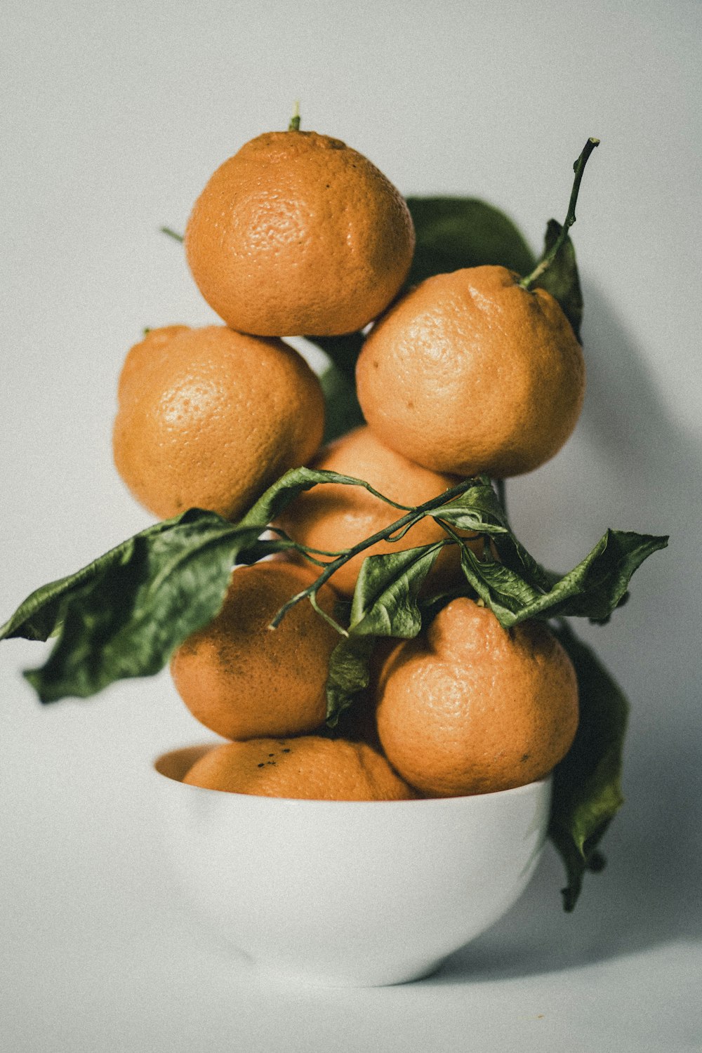 a white bowl filled with oranges on top of a table