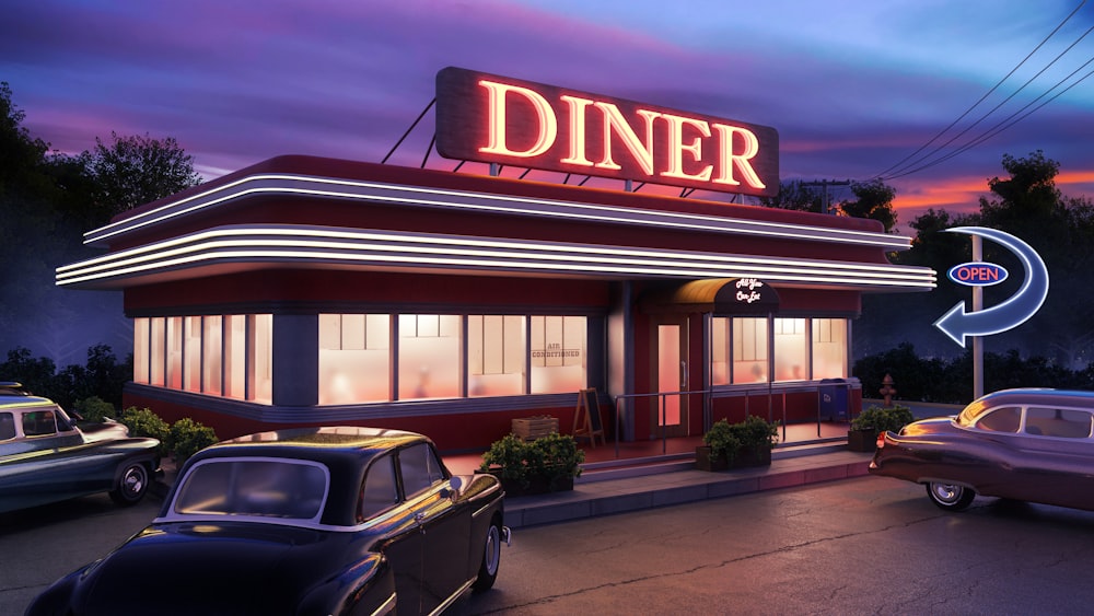 a diner with cars parked in front of it