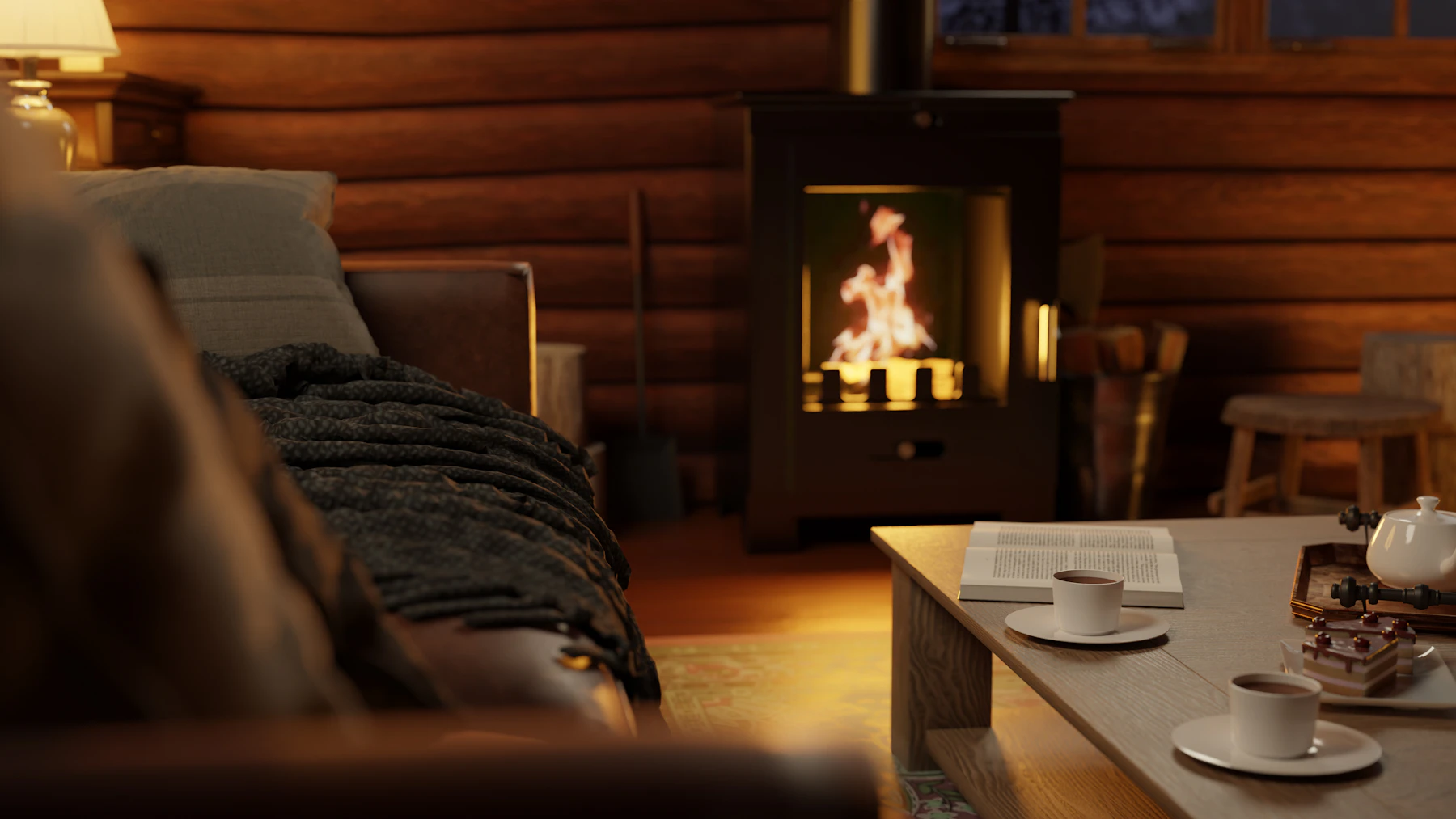 Fireside Room — log walls and open fire