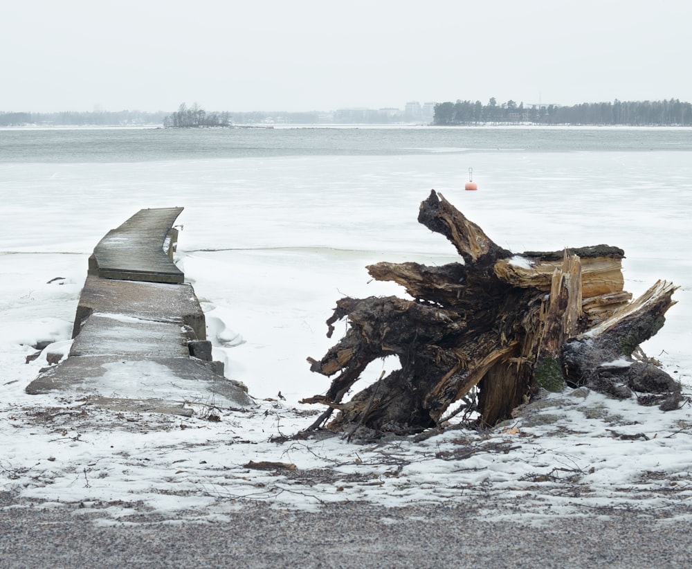 a large piece of wood sitting on top of snow covered ground