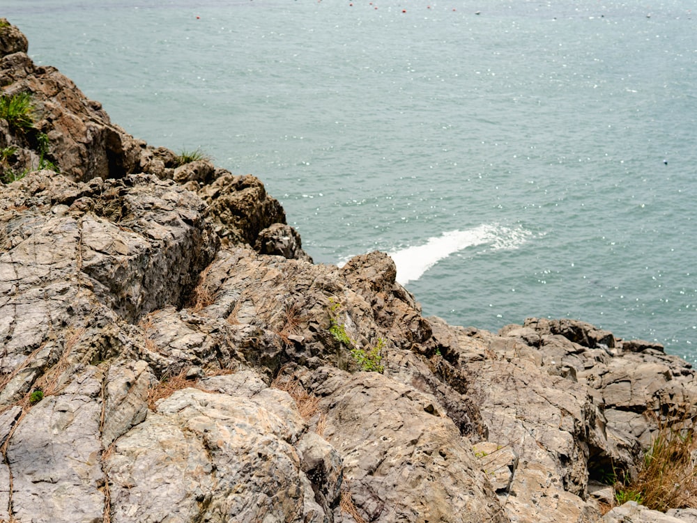 a view of a body of water from a rocky cliff