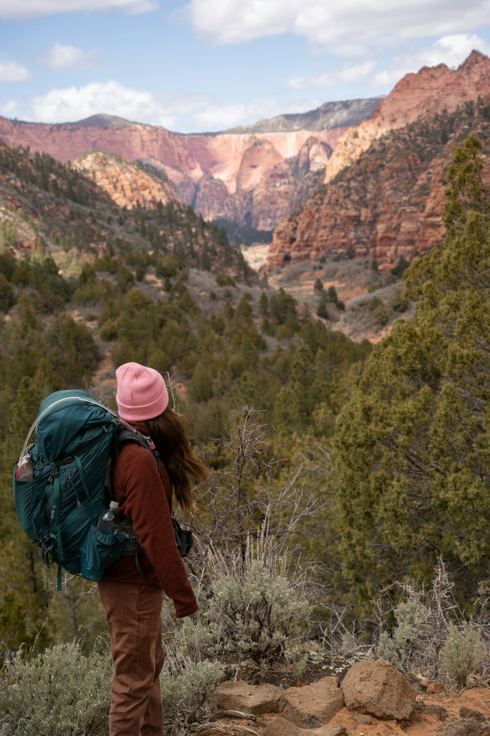a woman with a pink hat and backpack looking at the mountains