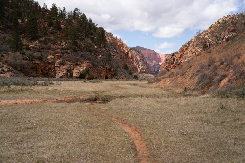 a dirt path in the middle of a valley