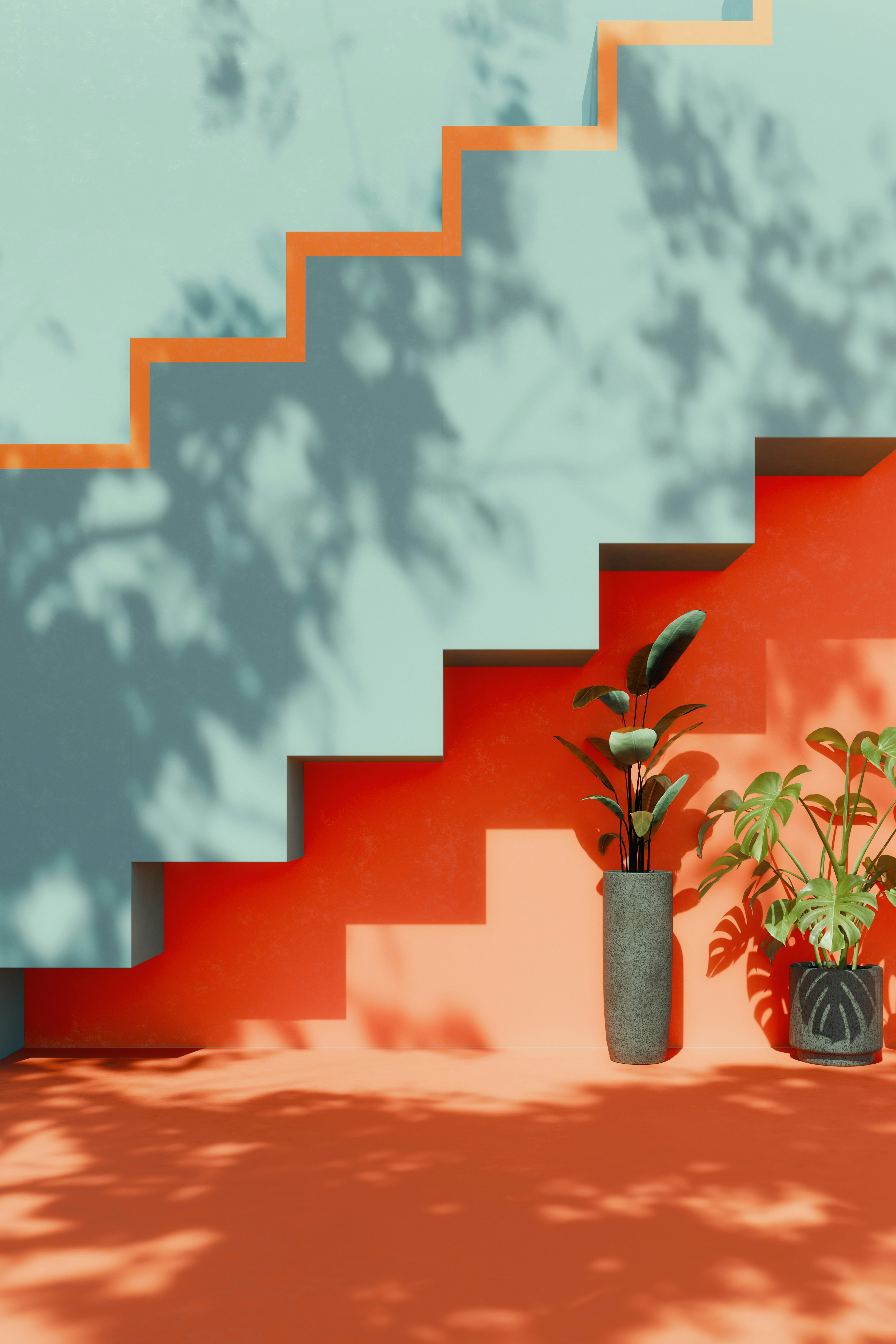 a couple of potted plants sitting on top of a set of stairs