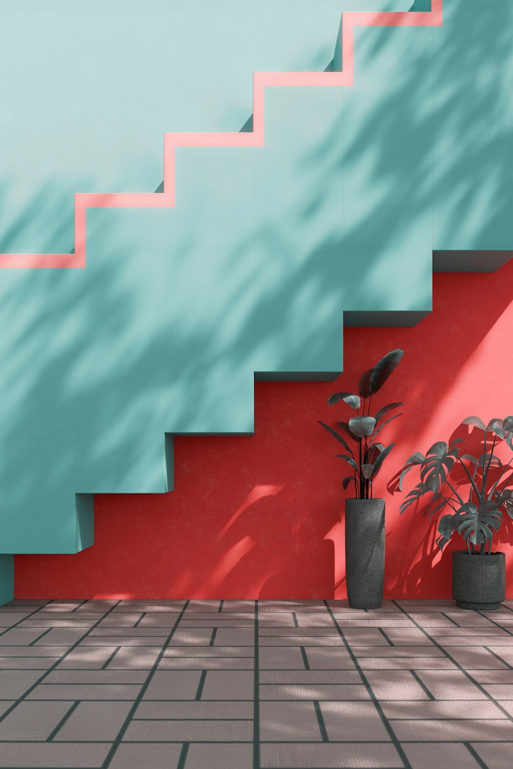 a set of stairs with a potted plant next to it