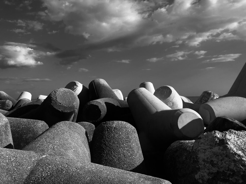 a black and white photo of rocks on the beach