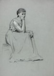 a black and white drawing of a woman sitting down