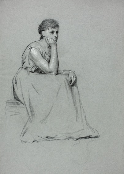 a black and white drawing of a woman sitting down