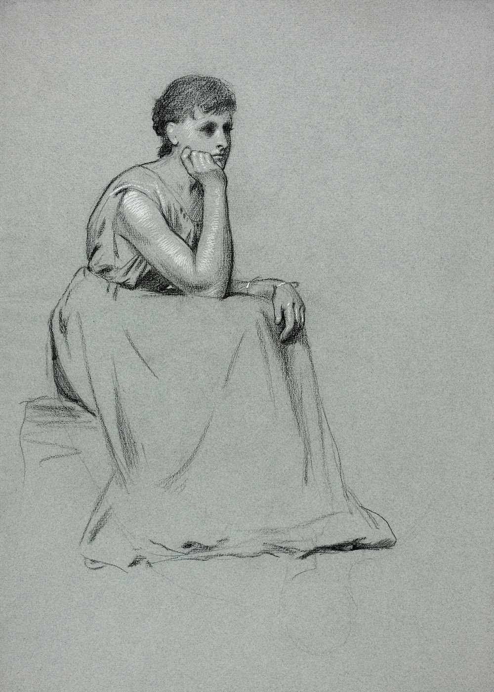 a black and white drawing of a woman sitting down