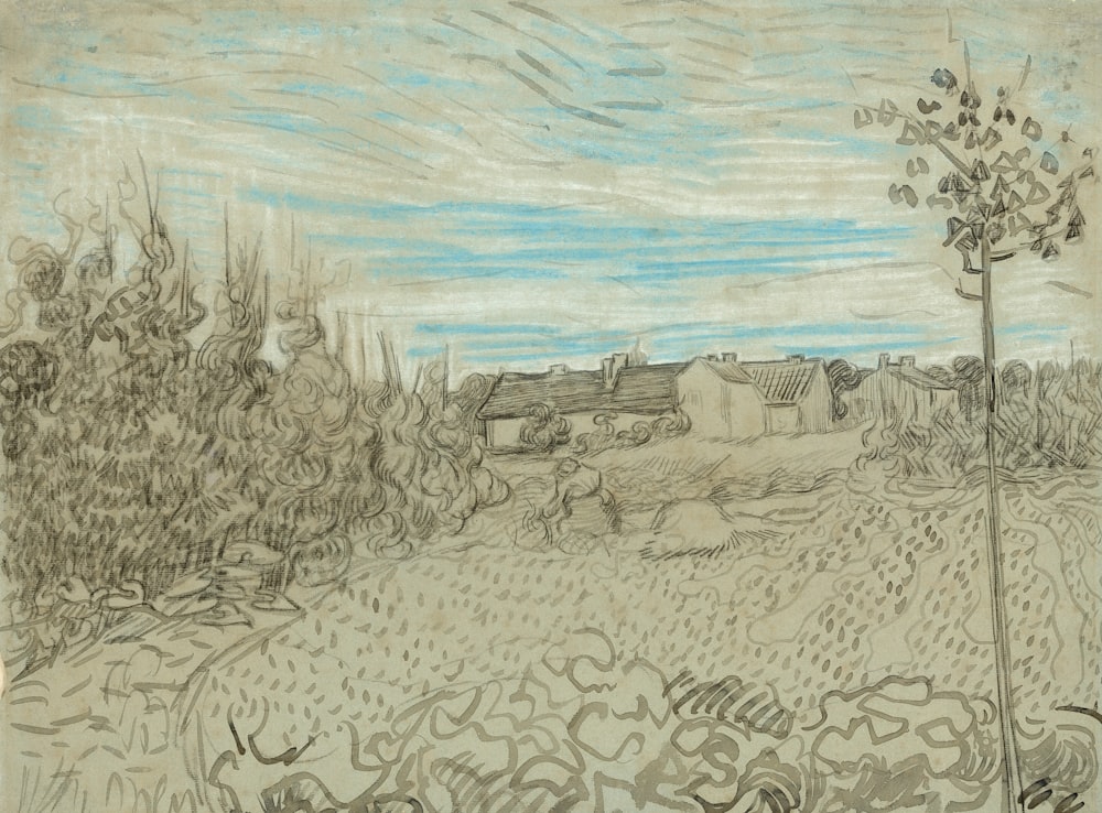 a drawing of a field with a house in the distance