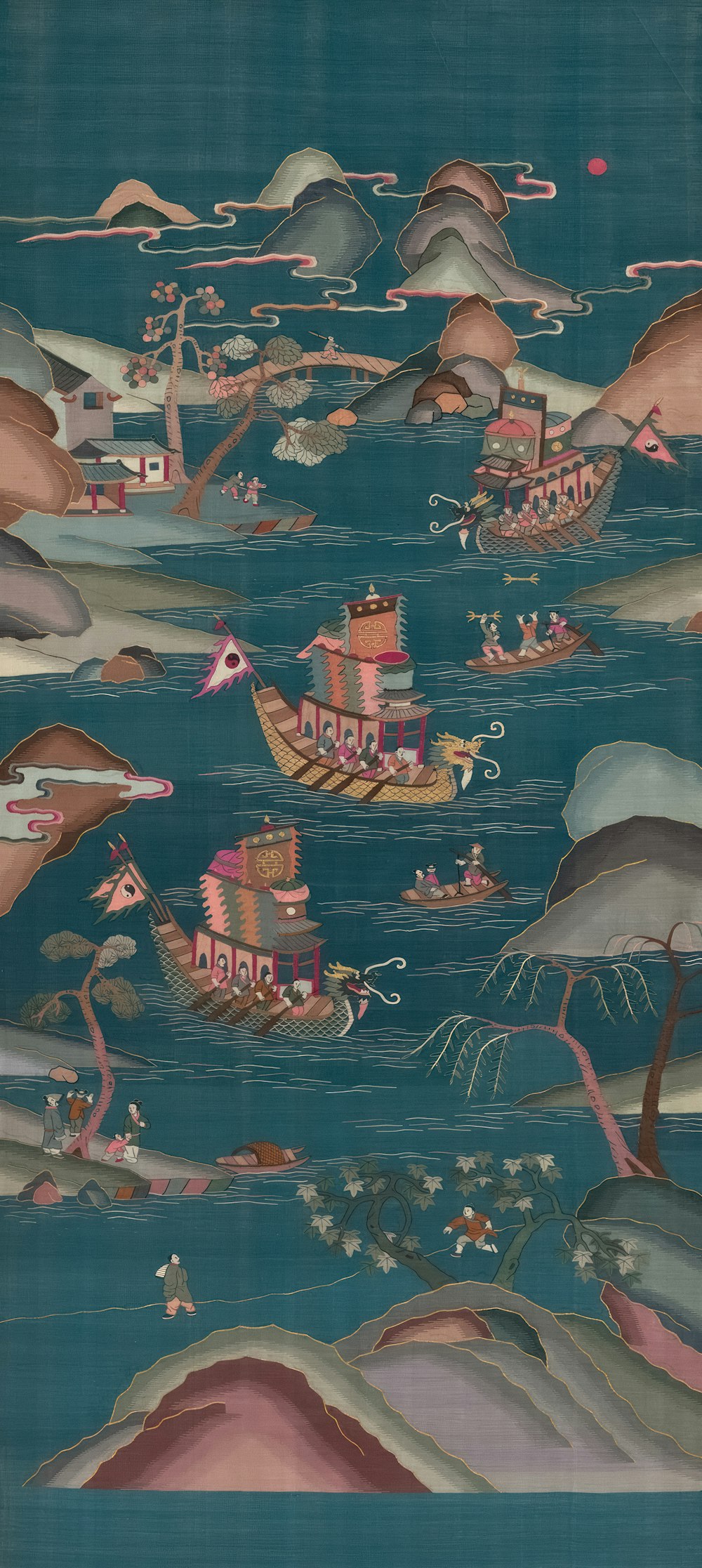 a painting of boats floating on a body of water