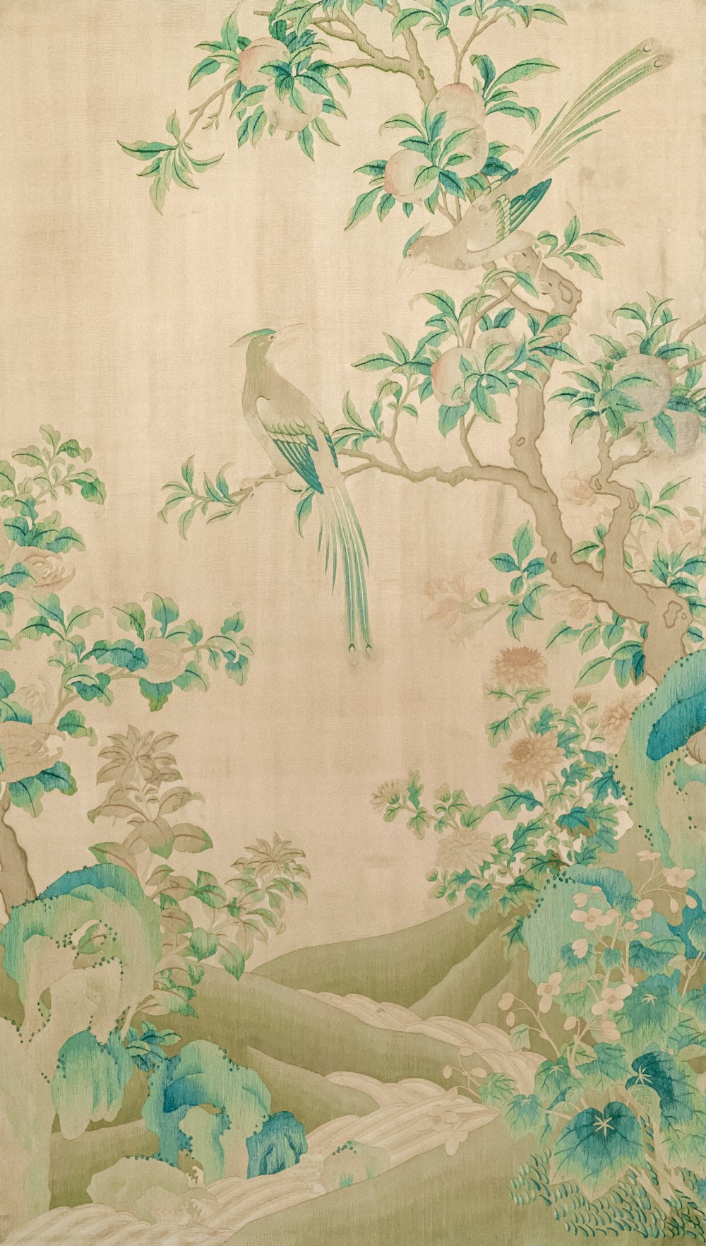 a painting of a bird sitting on a tree branch