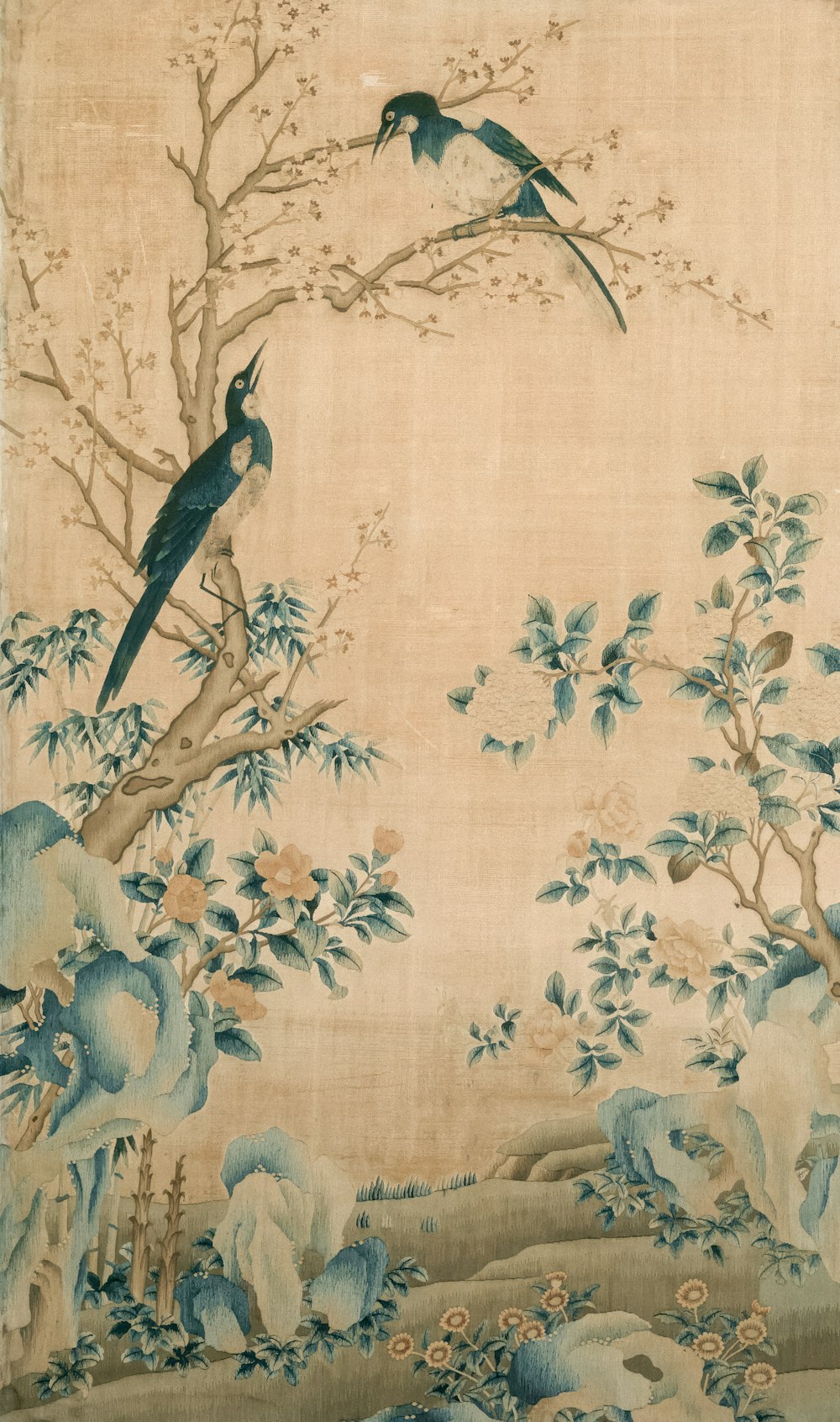 a painting of two birds sitting on a tree branch