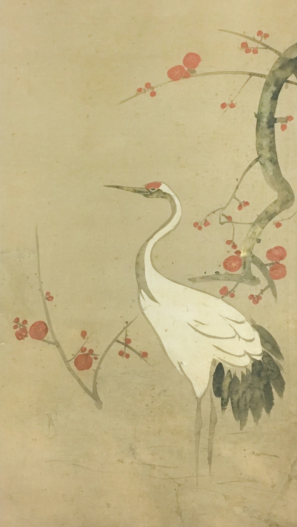 a painting of a crane standing next to a tree