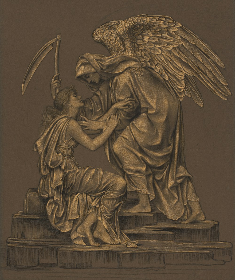 a drawing of an angel holding a child