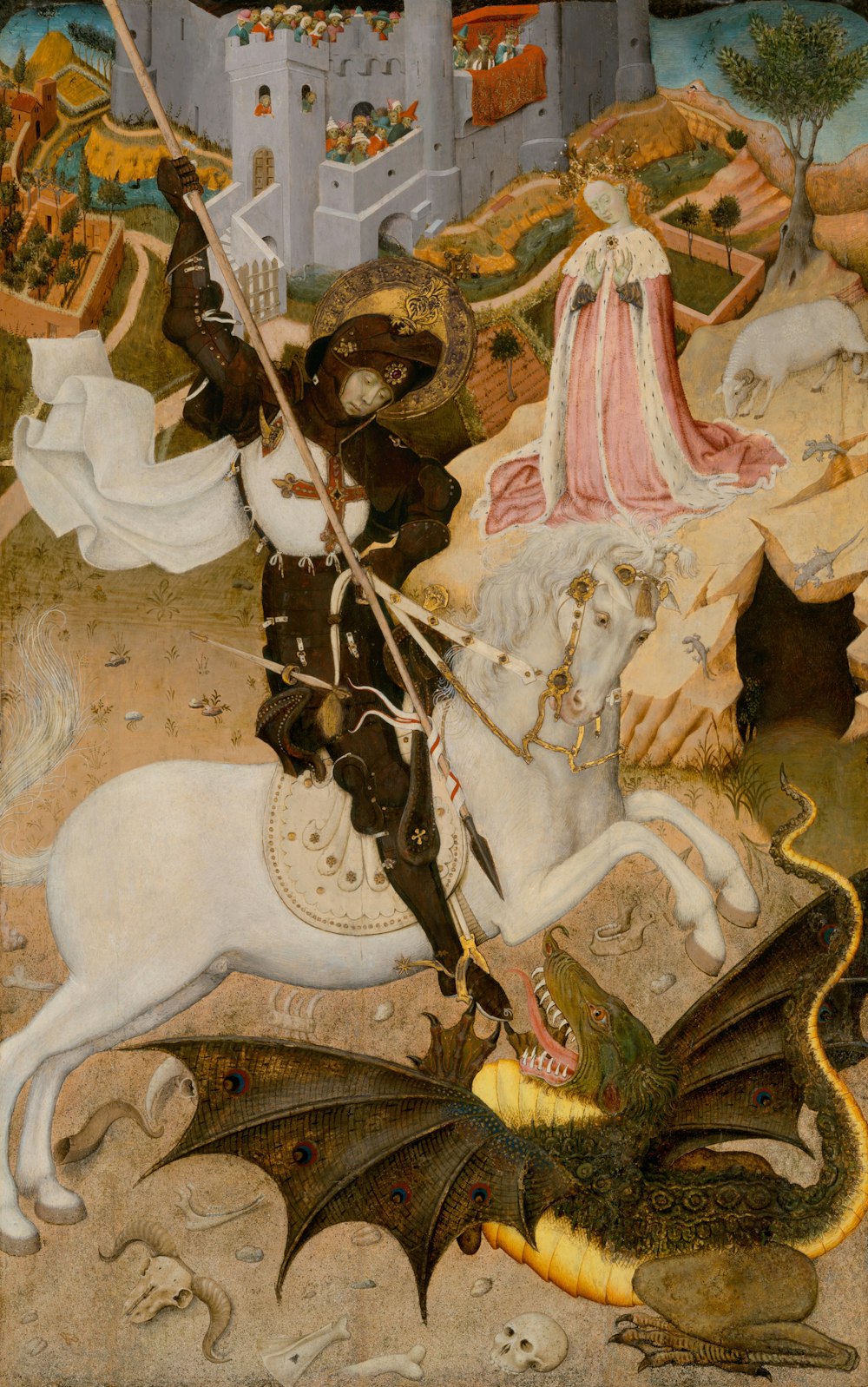 uma pintura de um homem montado em um cavalo ao lado de um dragão