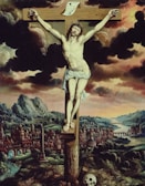 a painting of jesus on the cross with a skull