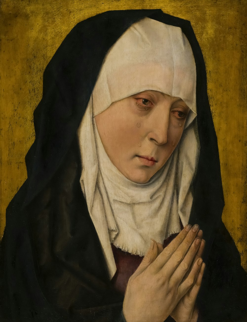 uma pintura de uma freira segurando suas mãos juntas