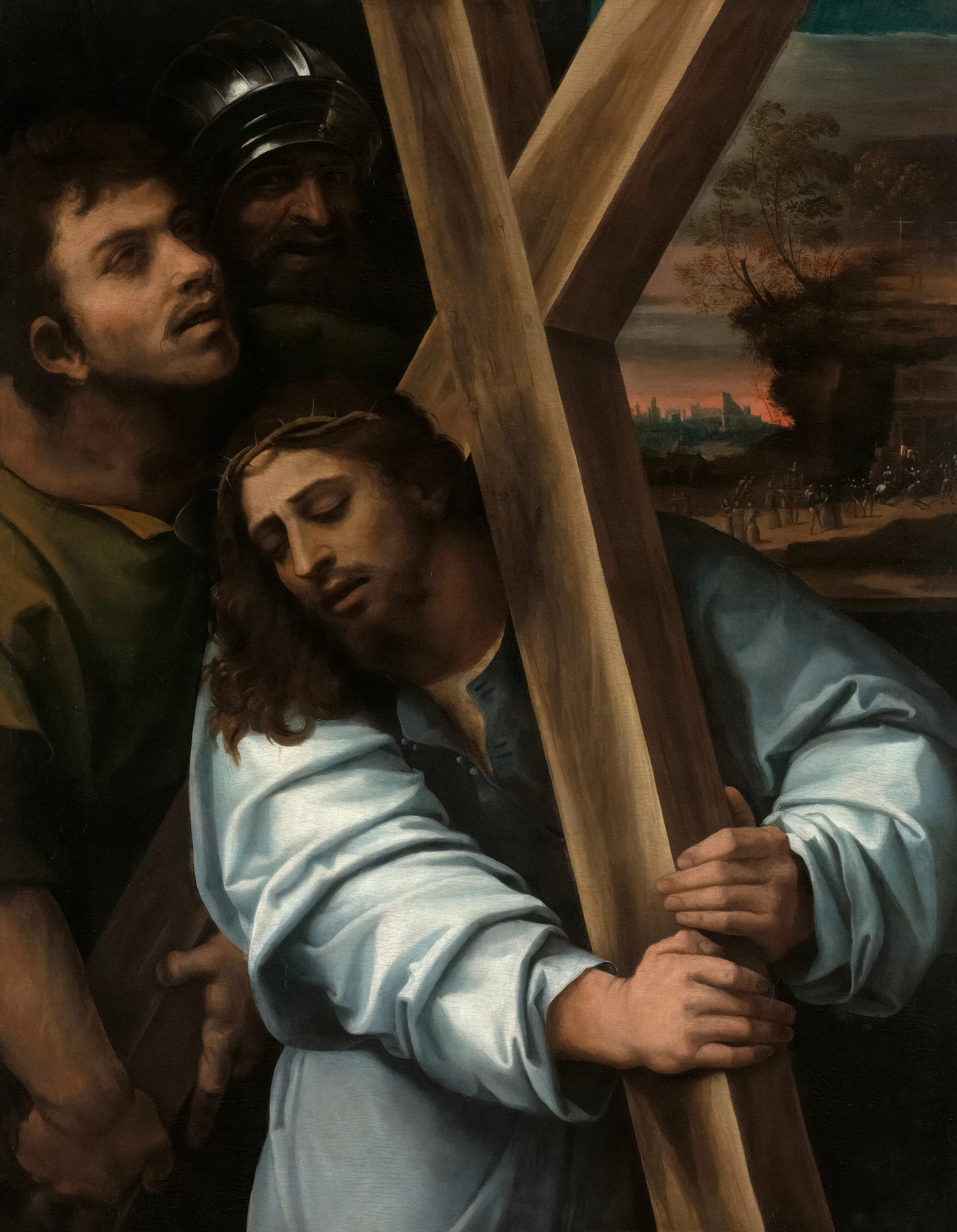 a painting of a man holding a cross