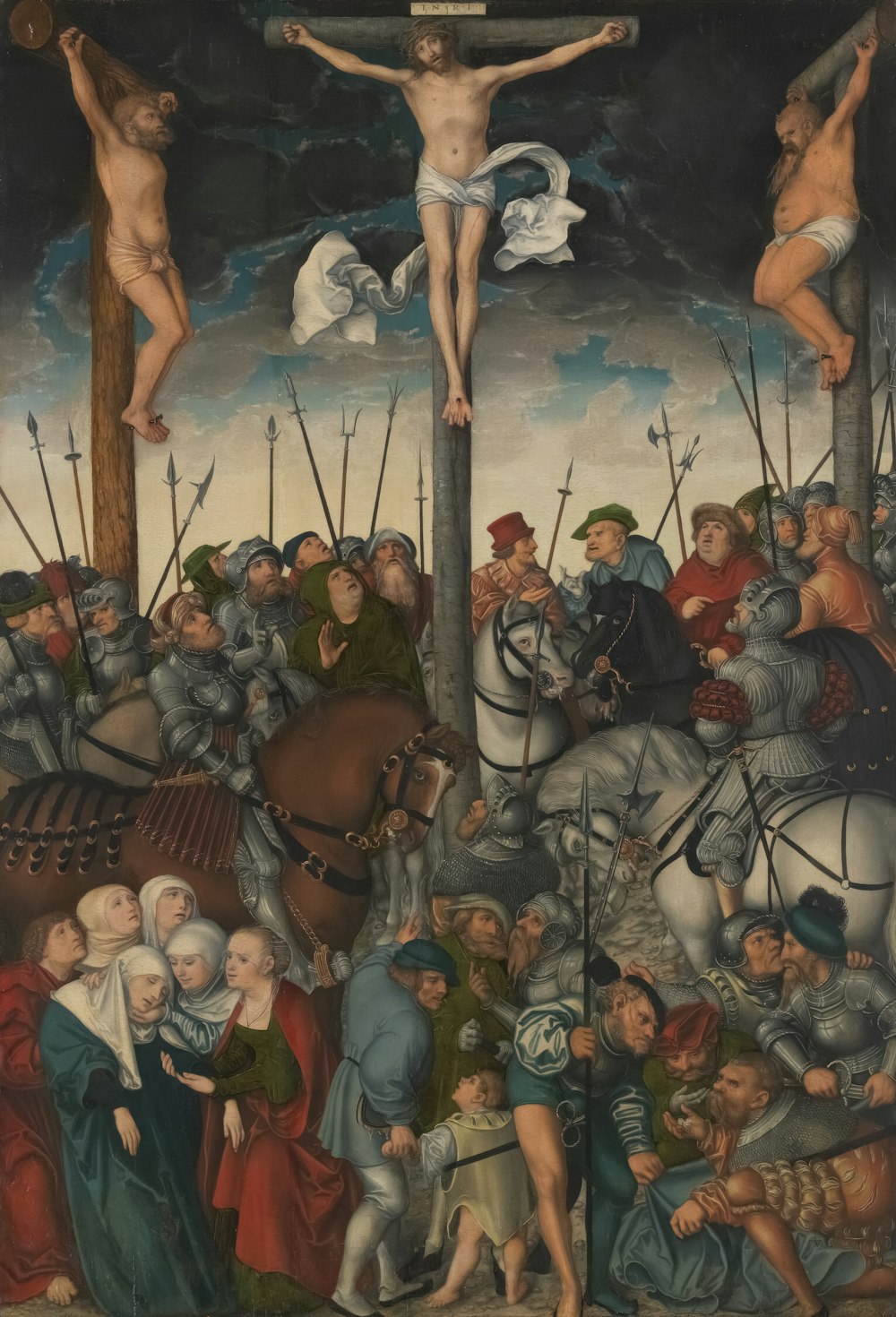 a painting of a crucifix surrounded by people