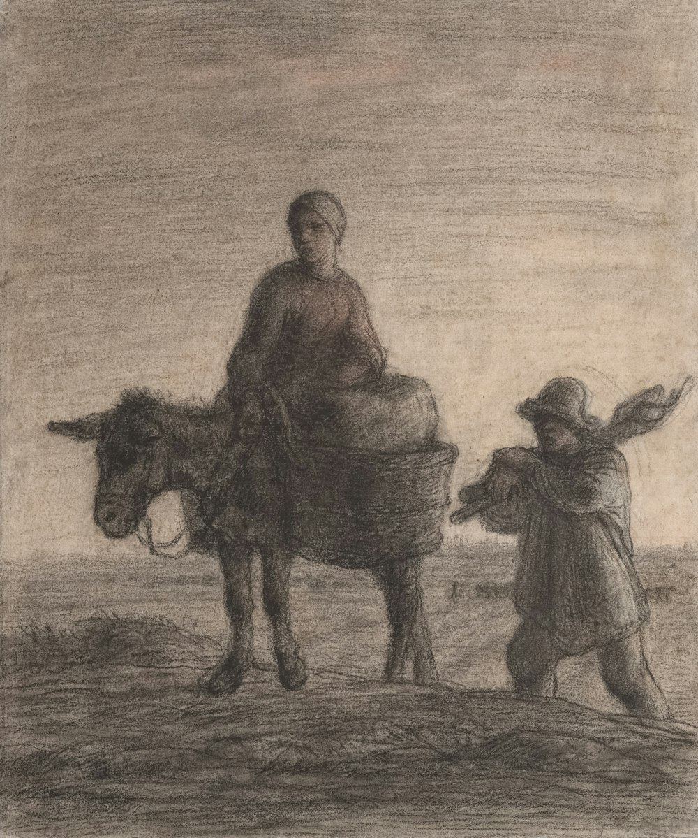 um desenho de um homem montado em um burro com uma criança