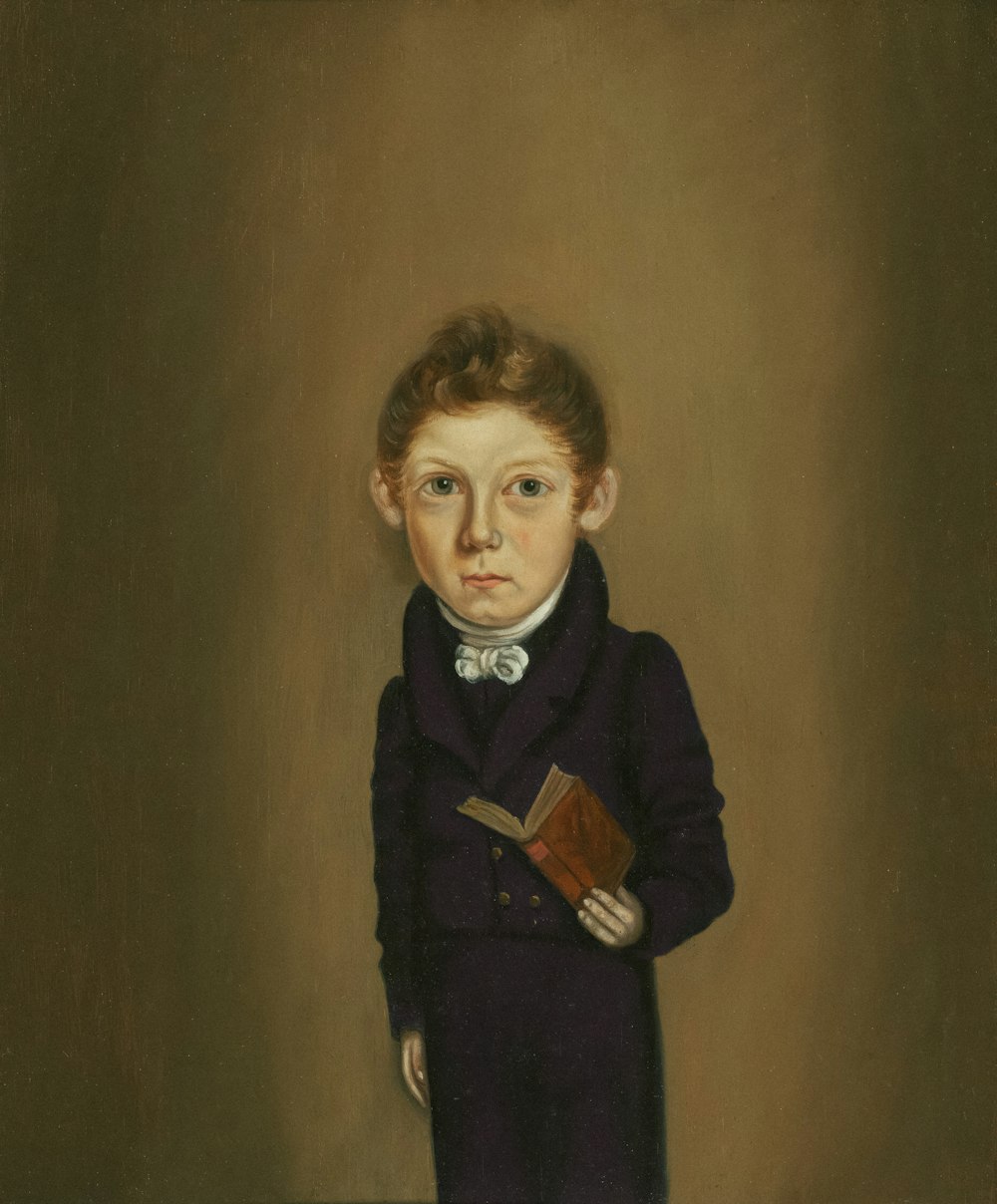 a painting of a young boy holding a book