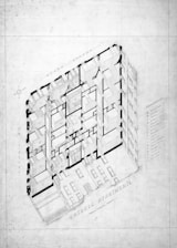 a black and white drawing of a building