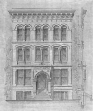 a drawing of a building with a staircase leading up to it