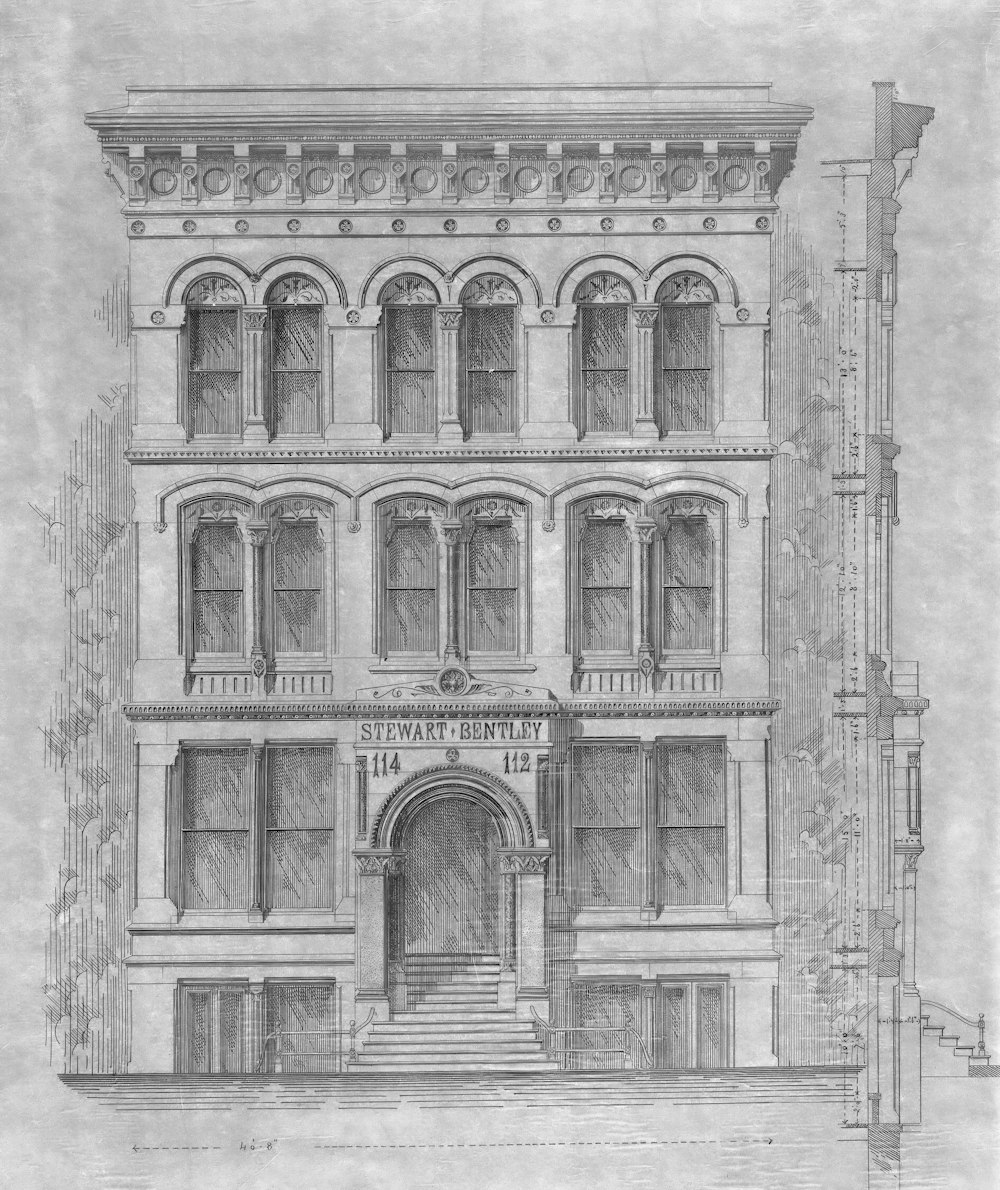 a drawing of a building with a staircase leading up to it