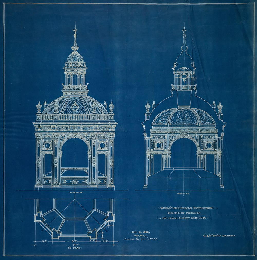 a blueprint of a building with a clock tower