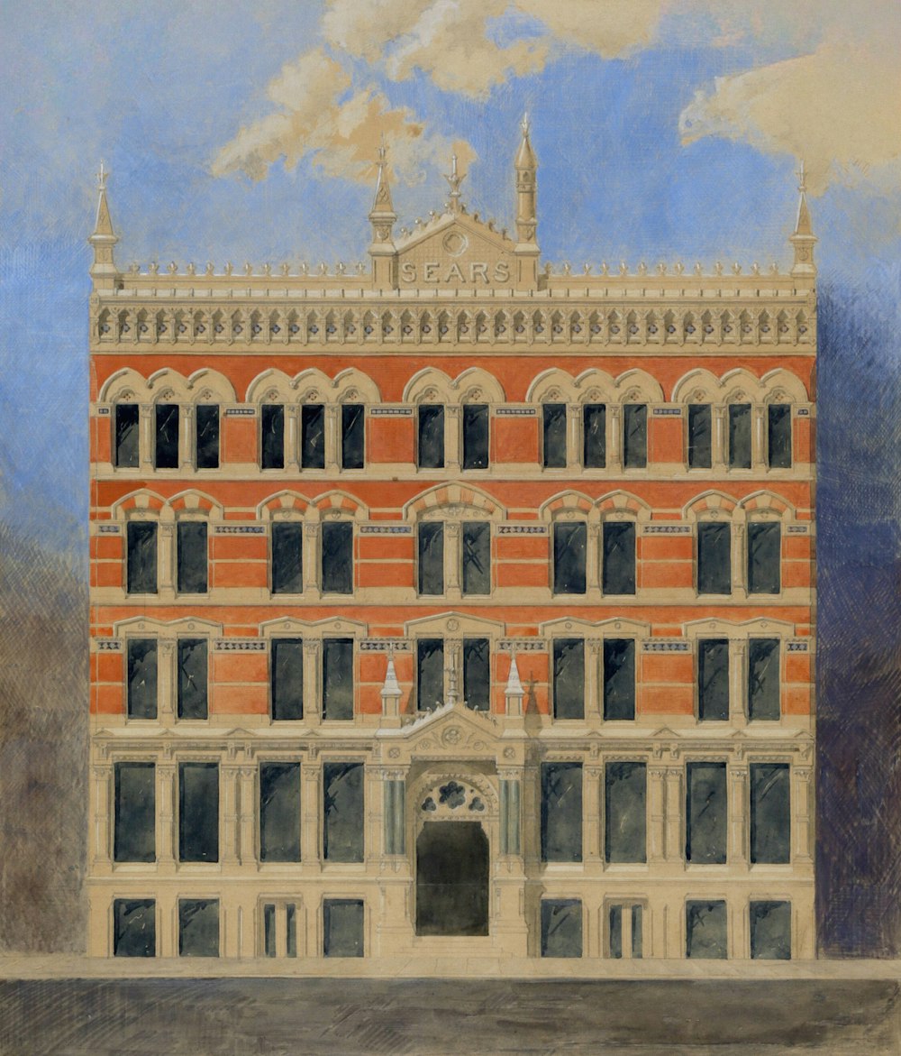 a painting of a building with a clock tower