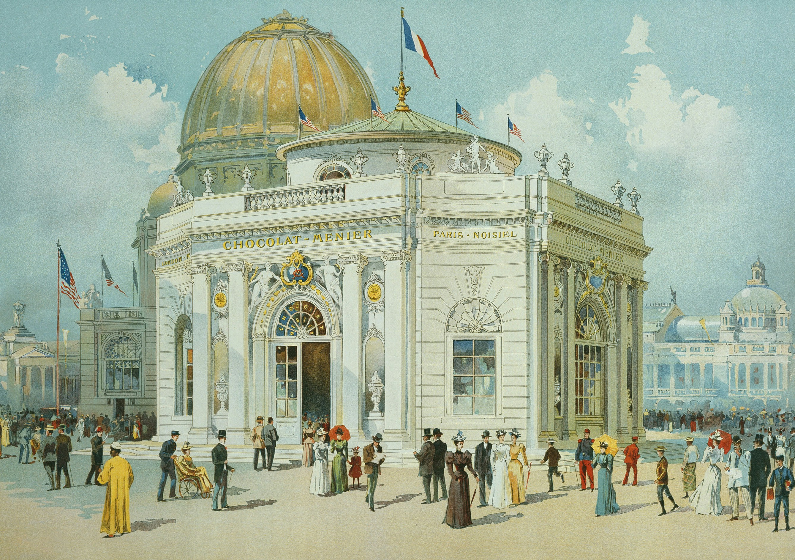 Title Chocolate-Menier Pavilion, World's Columbian Exposition, Chicago, Illinois, Perspective View Place United States (Artist's nationality:) Date 1893 Medium Color lithograph https://www.artic.edu/artworks/143172/chocolate-menier-pavilion-world-s-columbian-exposition-chicago-illinois-perspective-view