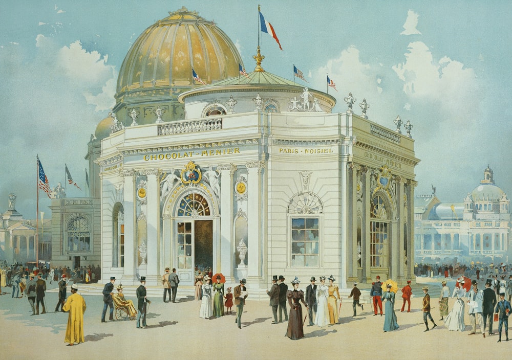 a painting of a building with people standing around it