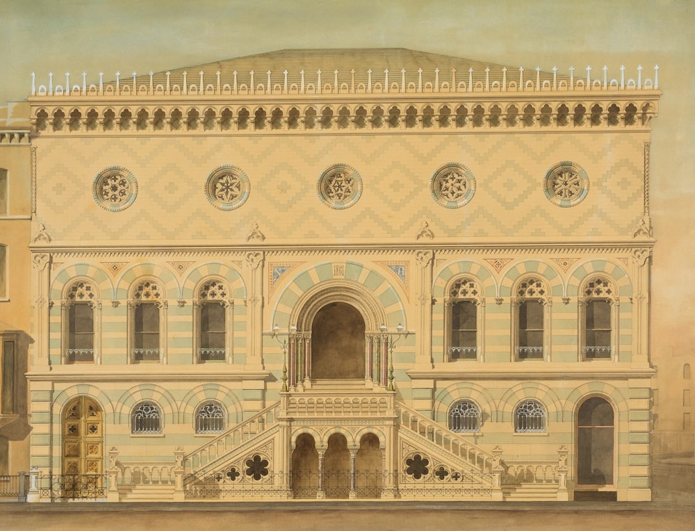 a painting of a building with a staircase leading up to it