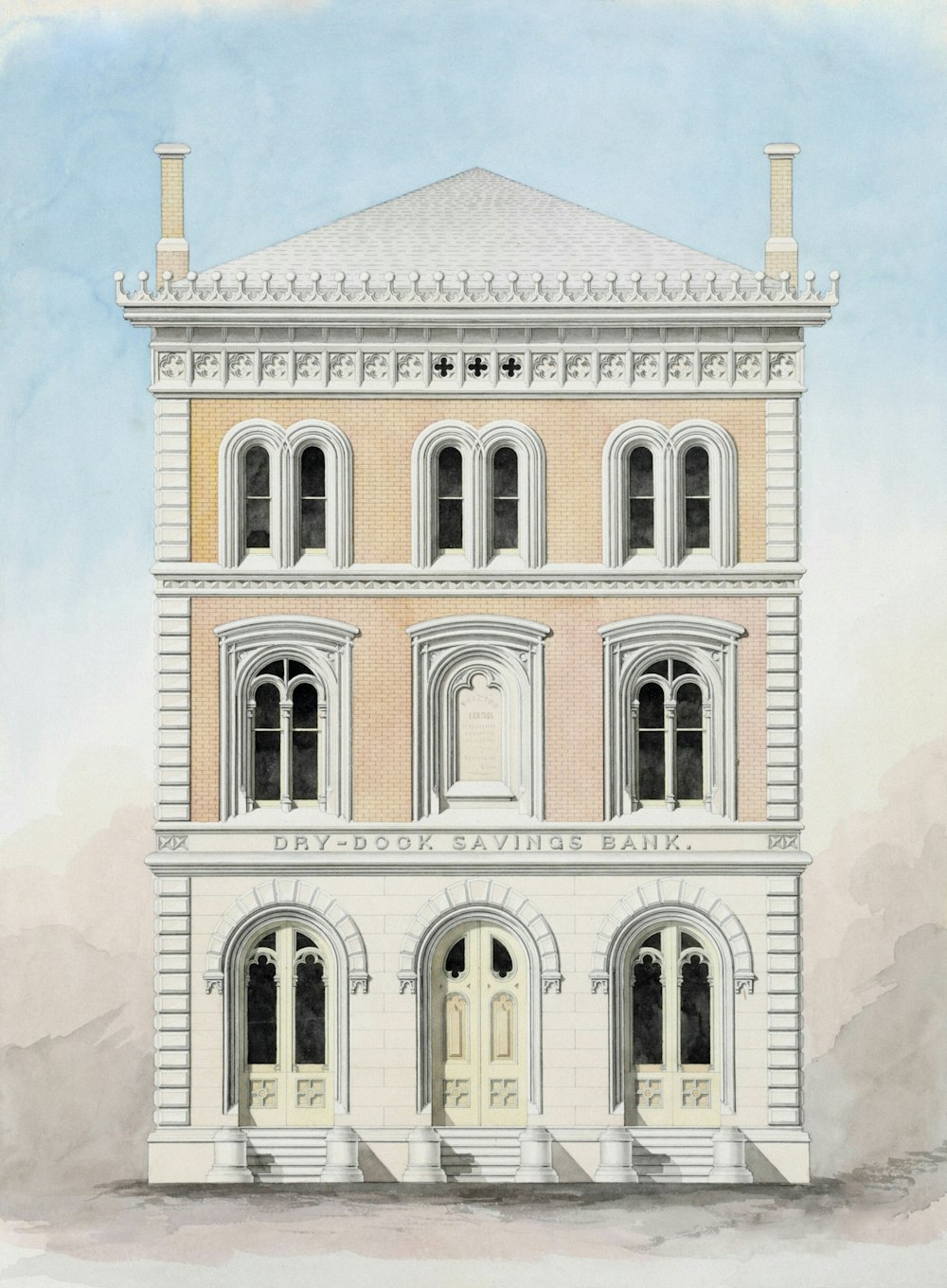 a drawing of a tall building with two stories