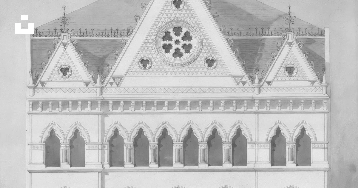 A drawing of a large white building with arched windows photo – Free ...