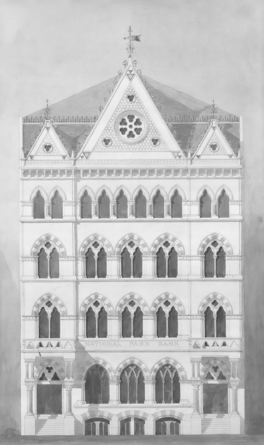 a drawing of a large white building with arched windows