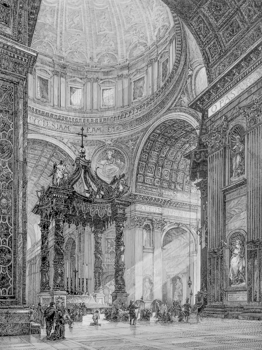 a drawing of a large building with a domed ceiling