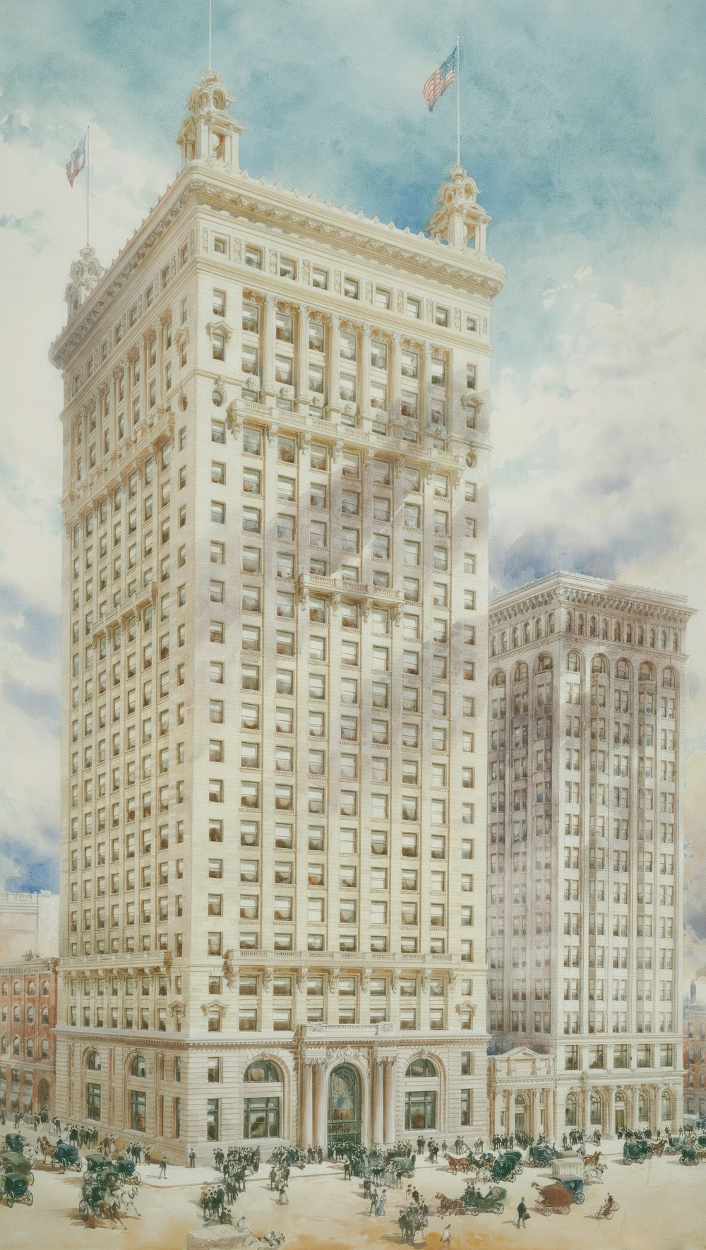 a painting of a tall building with a flag on top