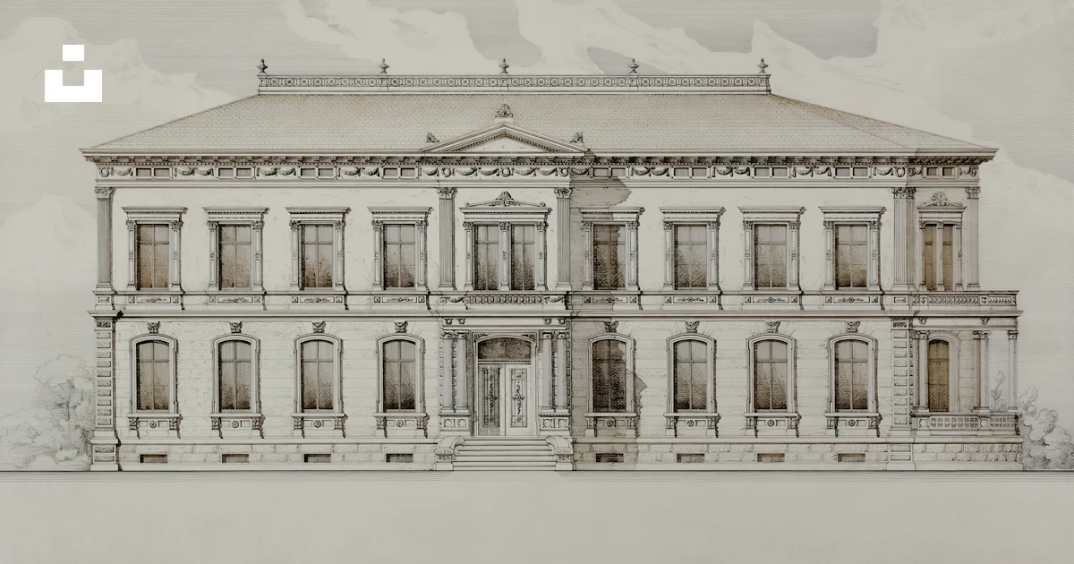 A drawing of a large white building with many windows photo – Free Grey ...