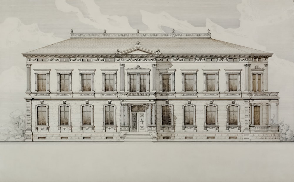 a drawing of a large white building with many windows