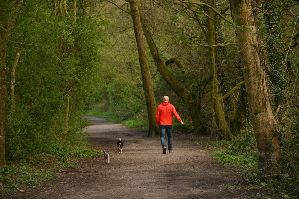 a man walking a dog down a dirt road