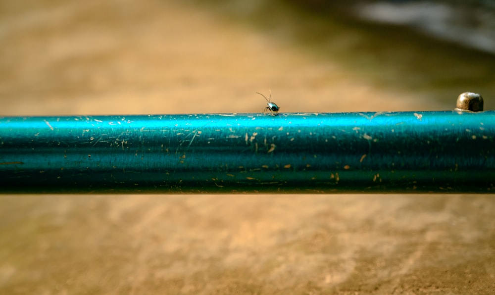 Un primer plano de una pipa azul sobre una mesa