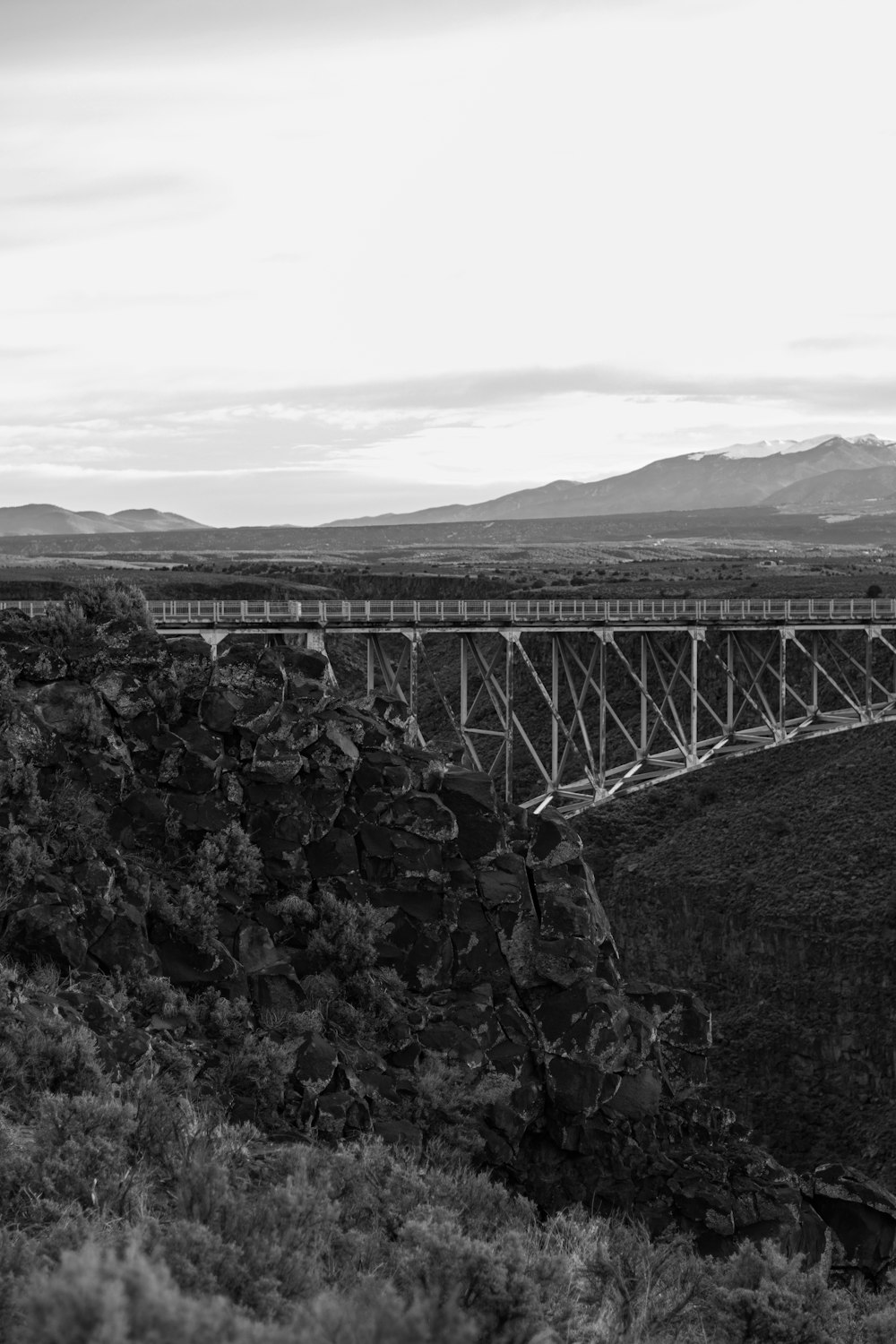 a black and white photo of a train crossing a bridge