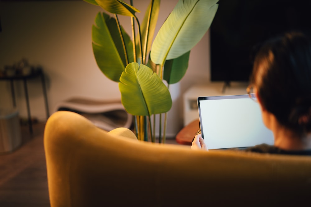 a woman sitting on a couch using a laptop computer