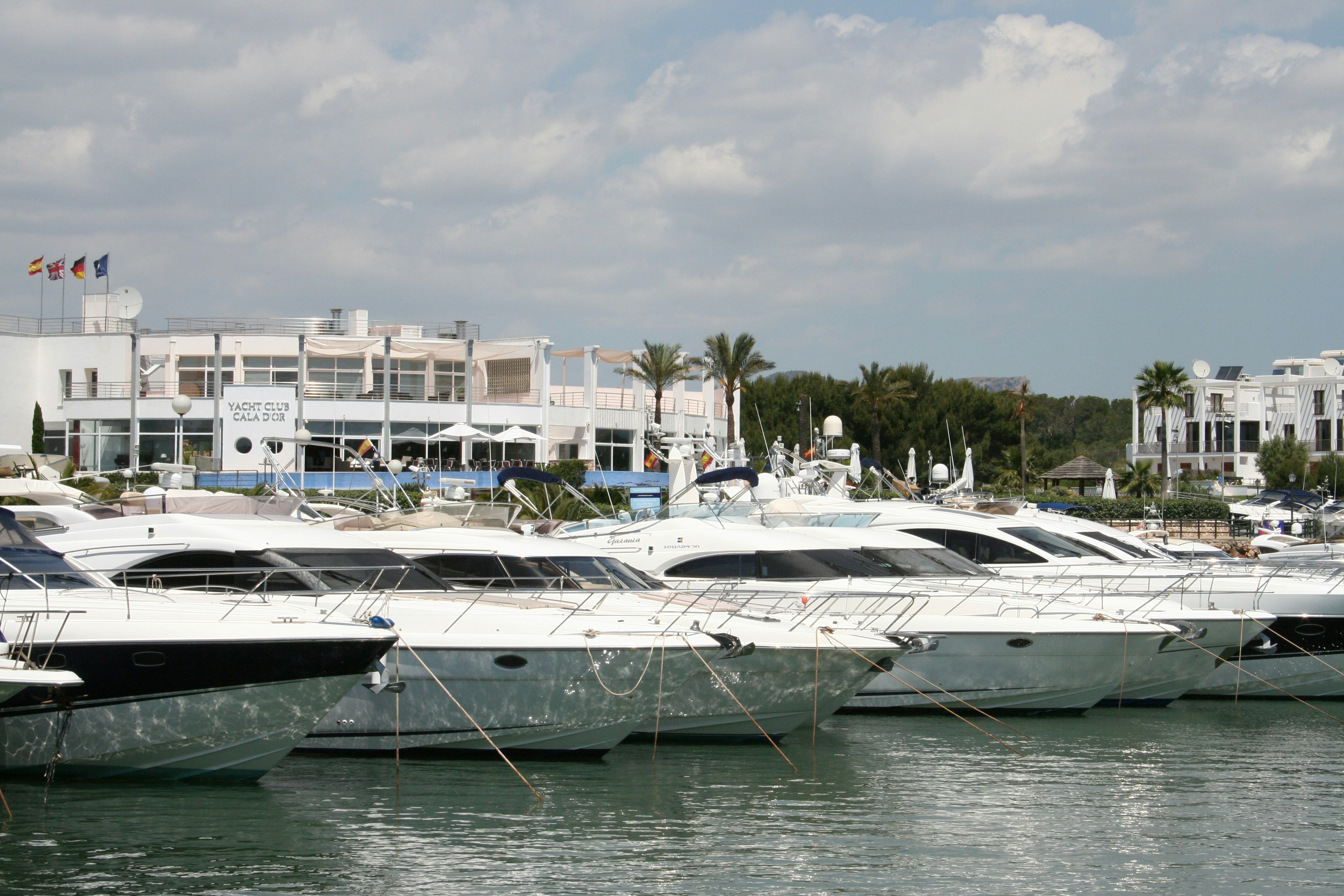 Luxury yachts docked at a marina by the yacht club.