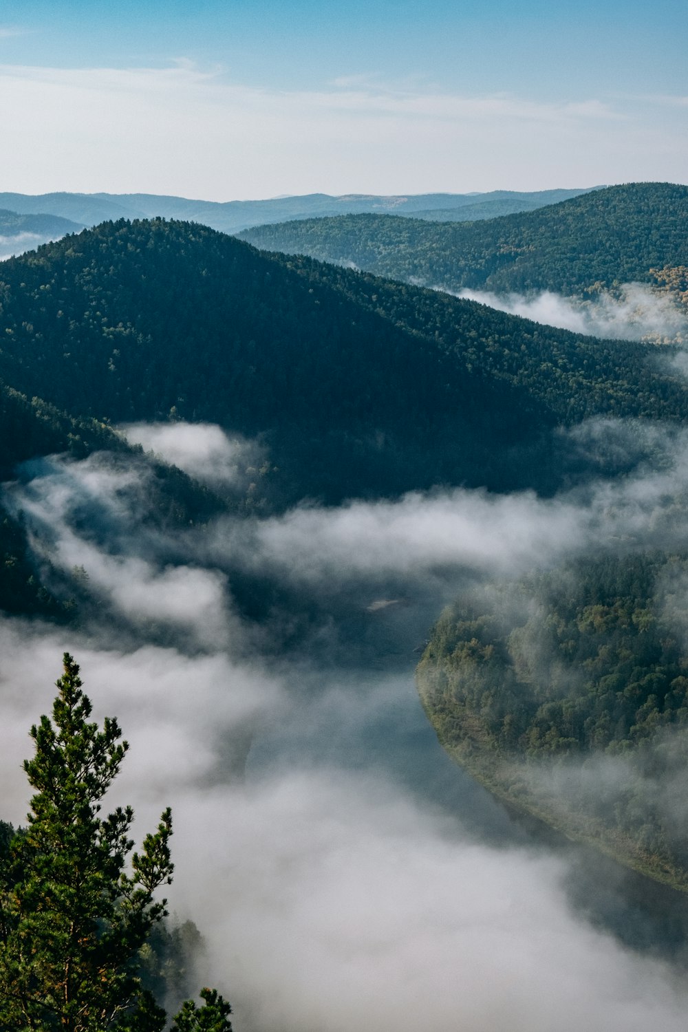 a view of a valley with trees and clouds