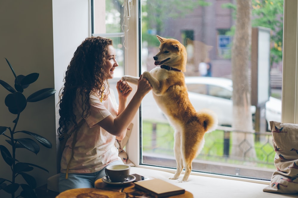a woman sitting on a window sill petting a dog