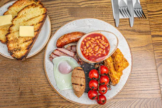 a plate of food on a wooden table