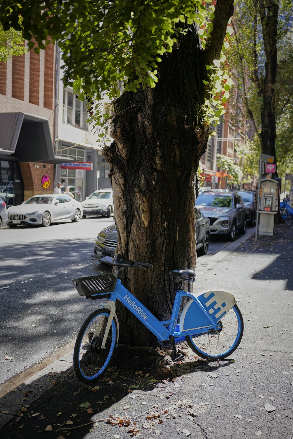 a blue bike parked next to a tree on a city street